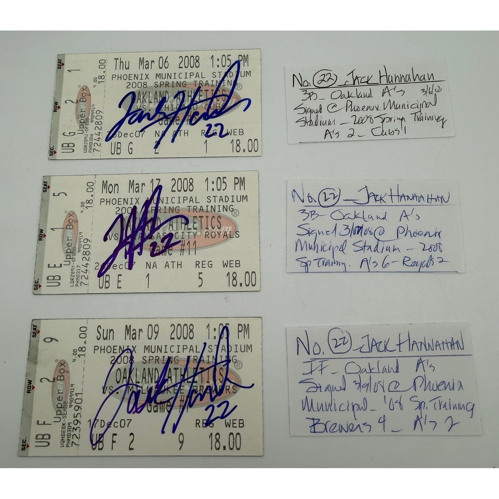 3 Jack Hannahan Signed 2008 Oakland Athletics Spring Training Ticket Stubs Lot